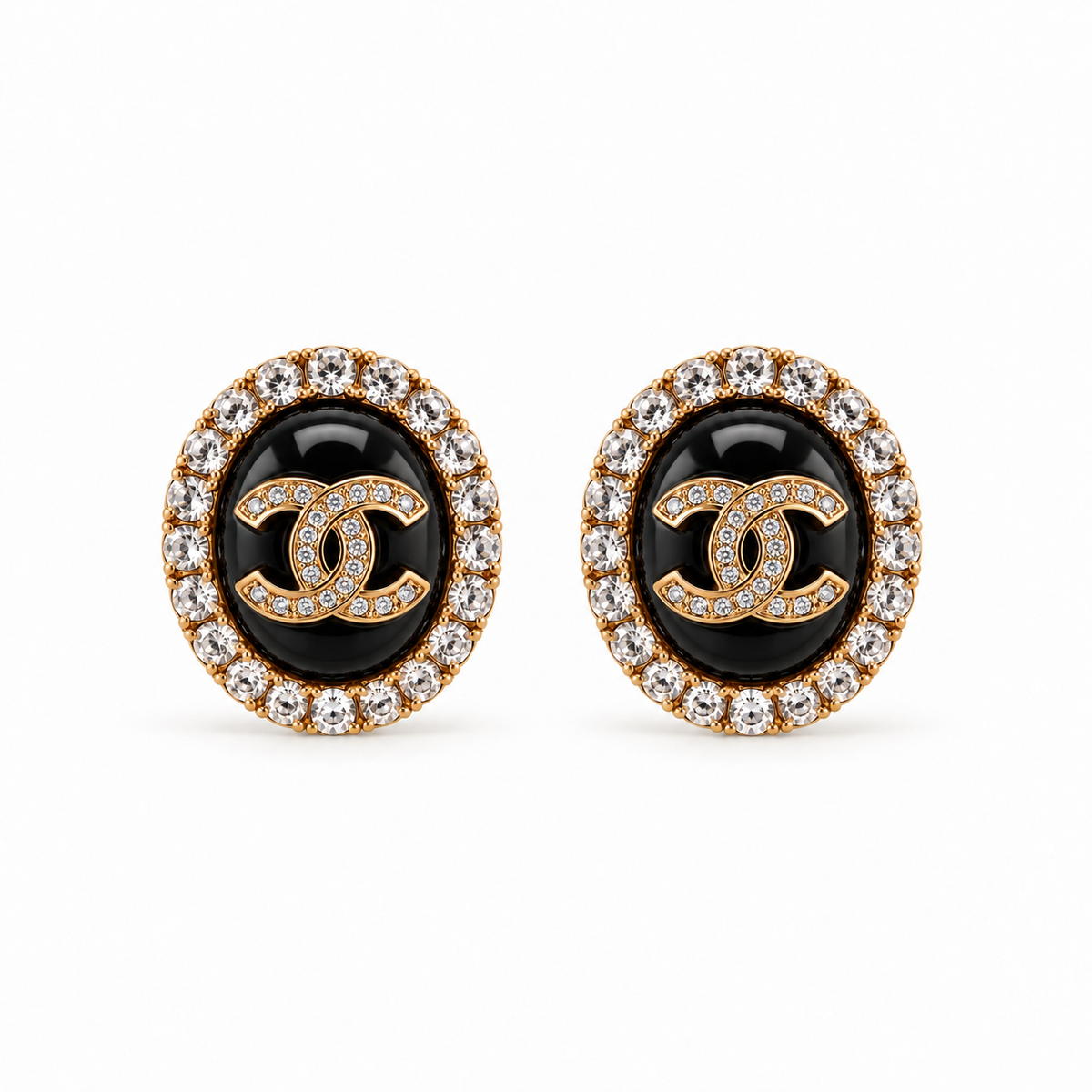 Luxe Gold Oval Black & Crystal Stud Earrings
