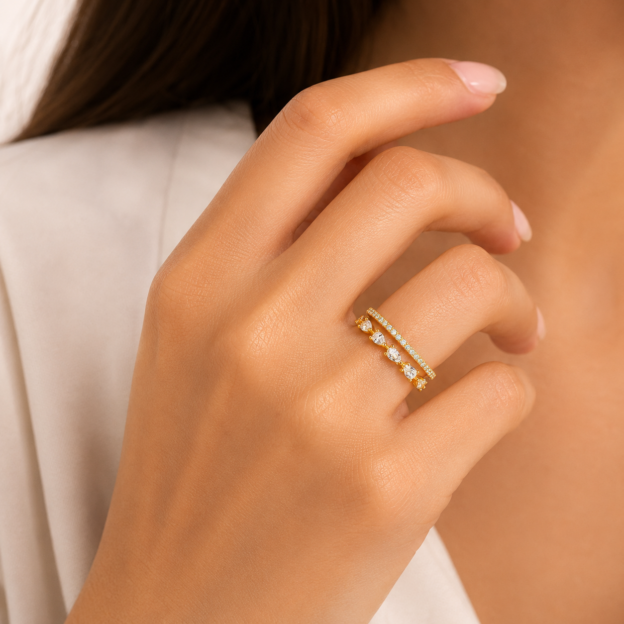 Double Row Crystal Adjustable Ring