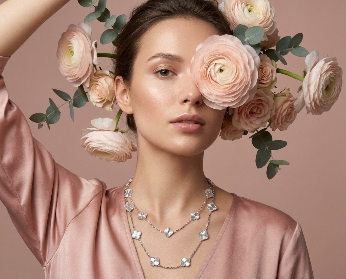 Silver Clover Long Necklace 35”