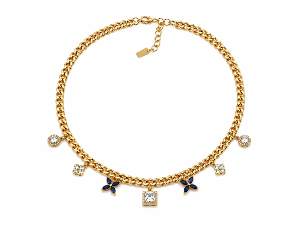 Blue Crystal Charm Gold Necklace