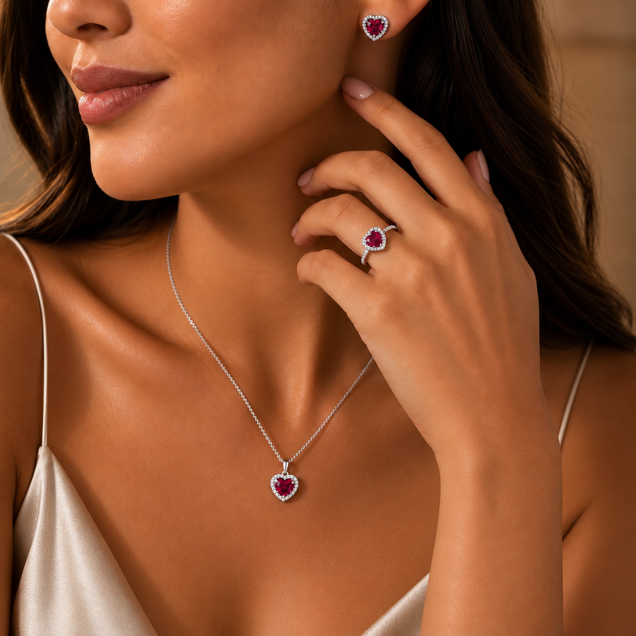 Ruby Heart Jewelry Set – 925 Sterling Silver