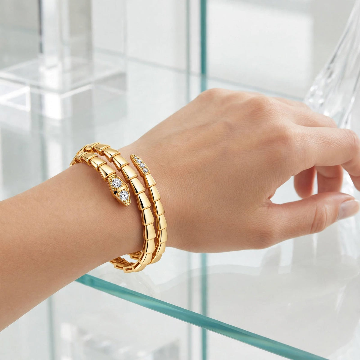 Gold Serpent Double Wrap Zircon Bracelet