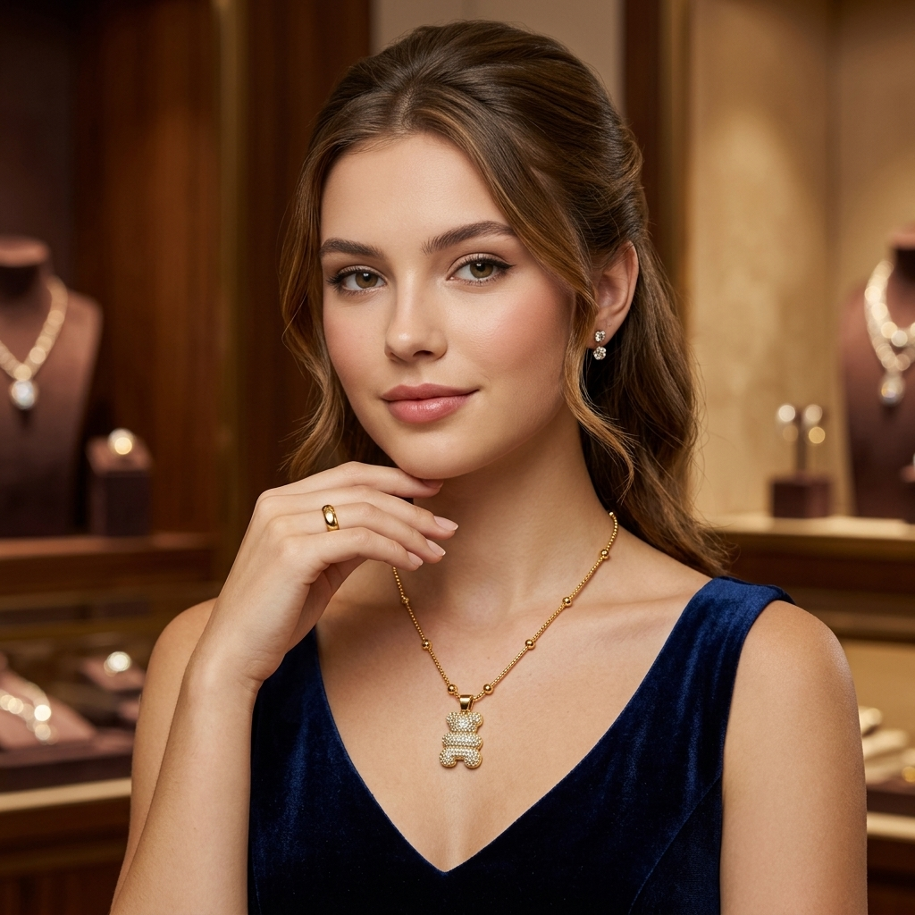 Golden Teddy Bear Pendant Necklace