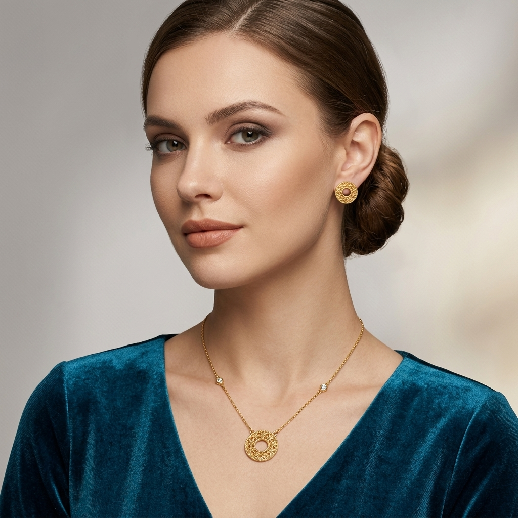 Golden Circle Pendant Necklace & Earrings Set