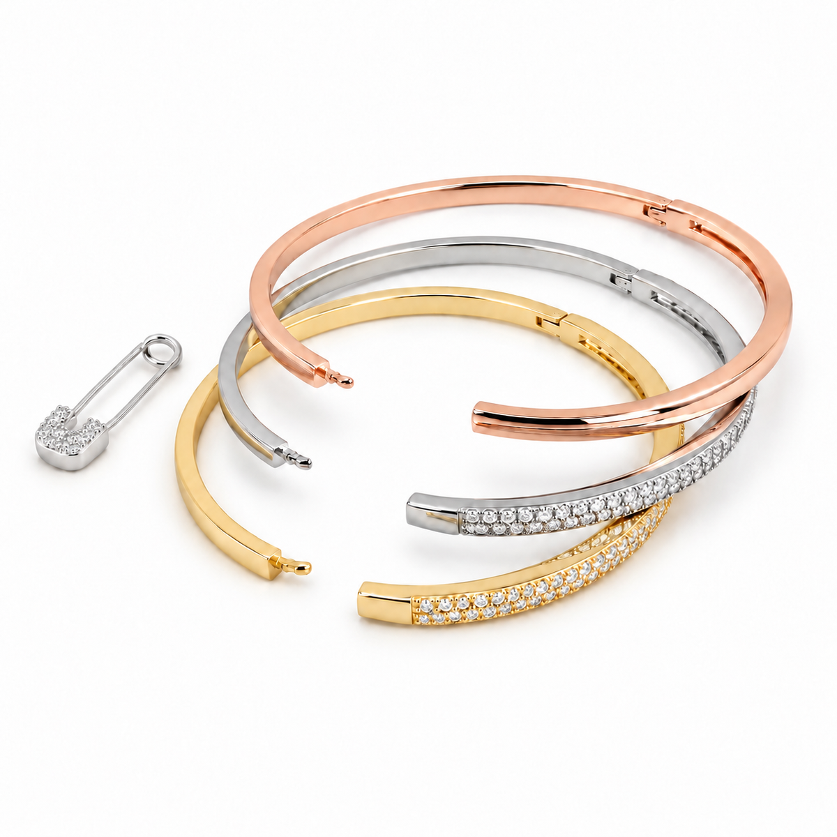 Luxe Tri-Tone Safety Pin Bracelet – Silver