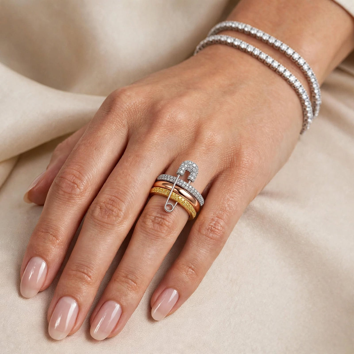 Luxe Tri-Tone Silver Safety Pin Ring