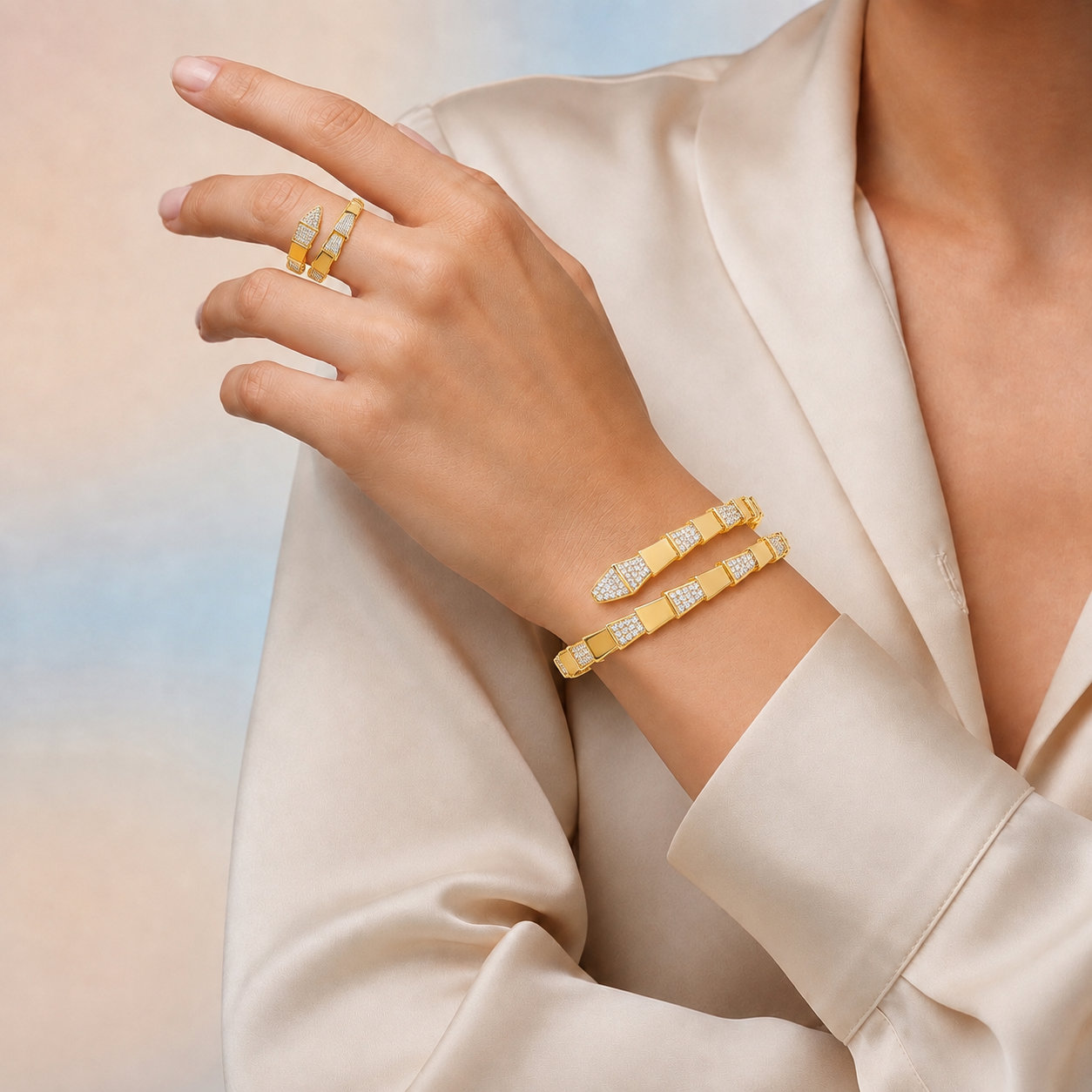 Éclat Zircon Hand Bracelet and ring