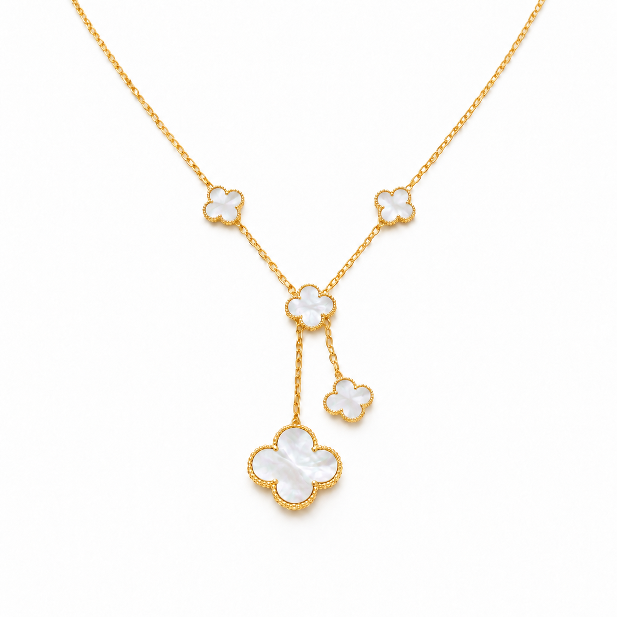Pearl Bloom Clover Drop Necklace – White & Gold