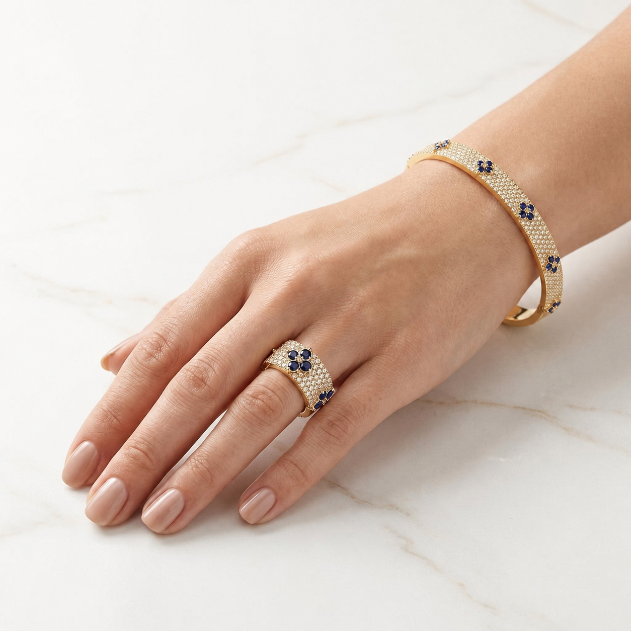 Navy Fleur Pavé Ring