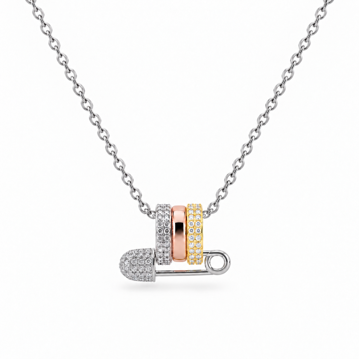 Luxe Tri-Tone Safety Pin Necklace – Silver