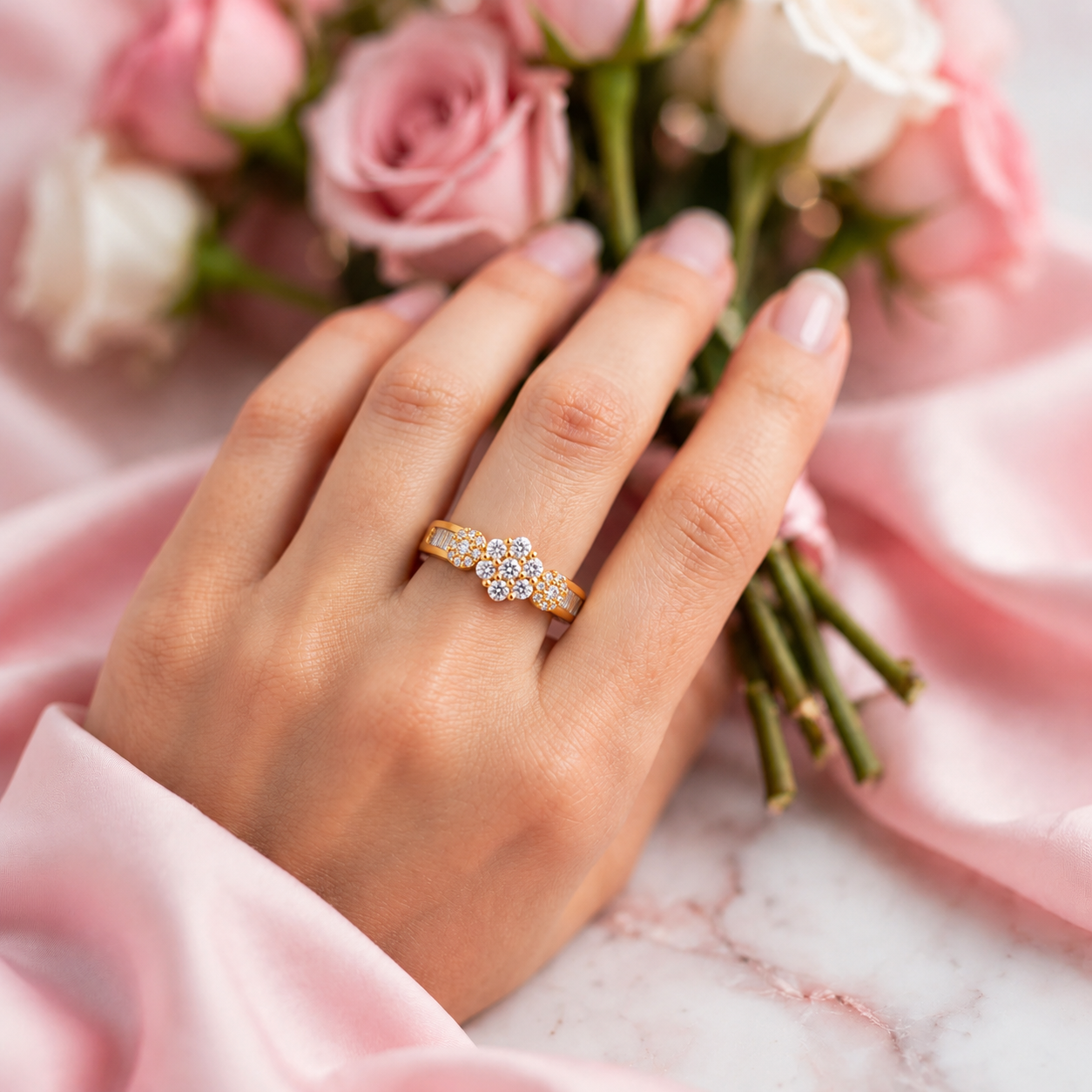 Floral Crystal Statement Ring – Size 5