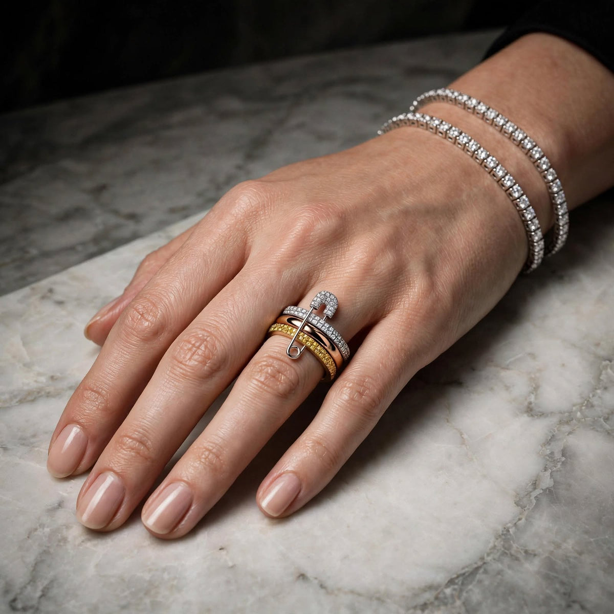 Luxe Tri-Tone Silver Safety Pin Ring