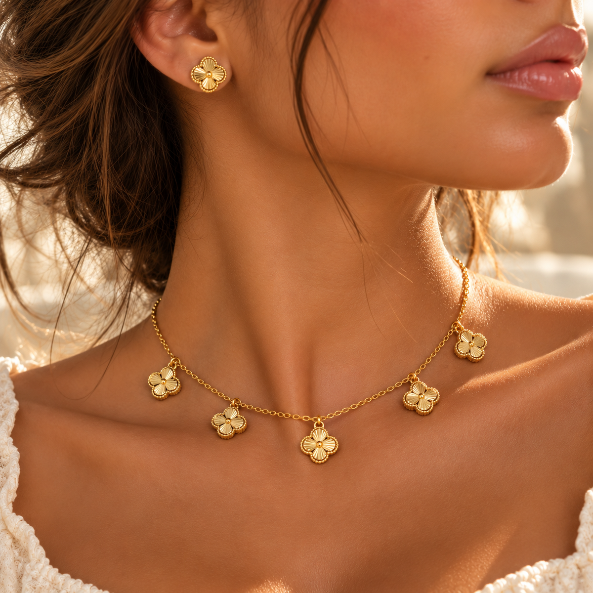 Golden Clover Charm Necklace & Earring Set