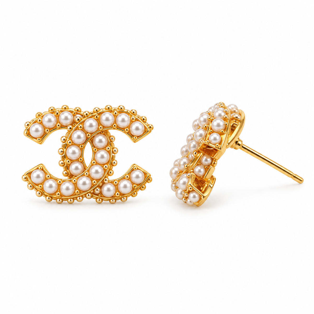 Luxe Gold Pearl Interlock Stud Earrings