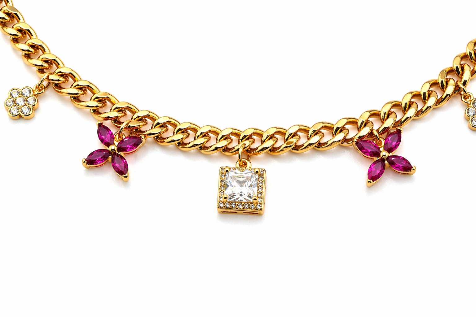 Fuchsia Crystal Charm Gold Necklace
