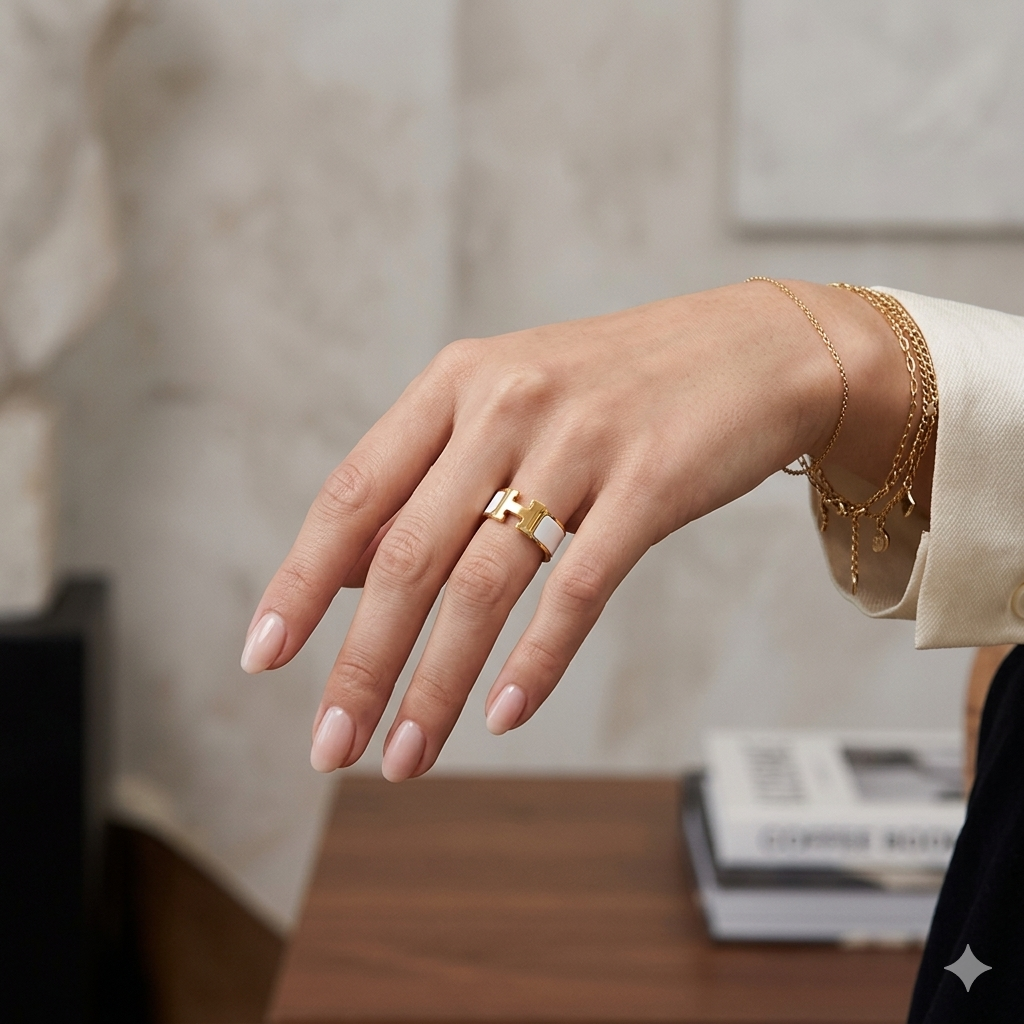 White & Gold H Ring