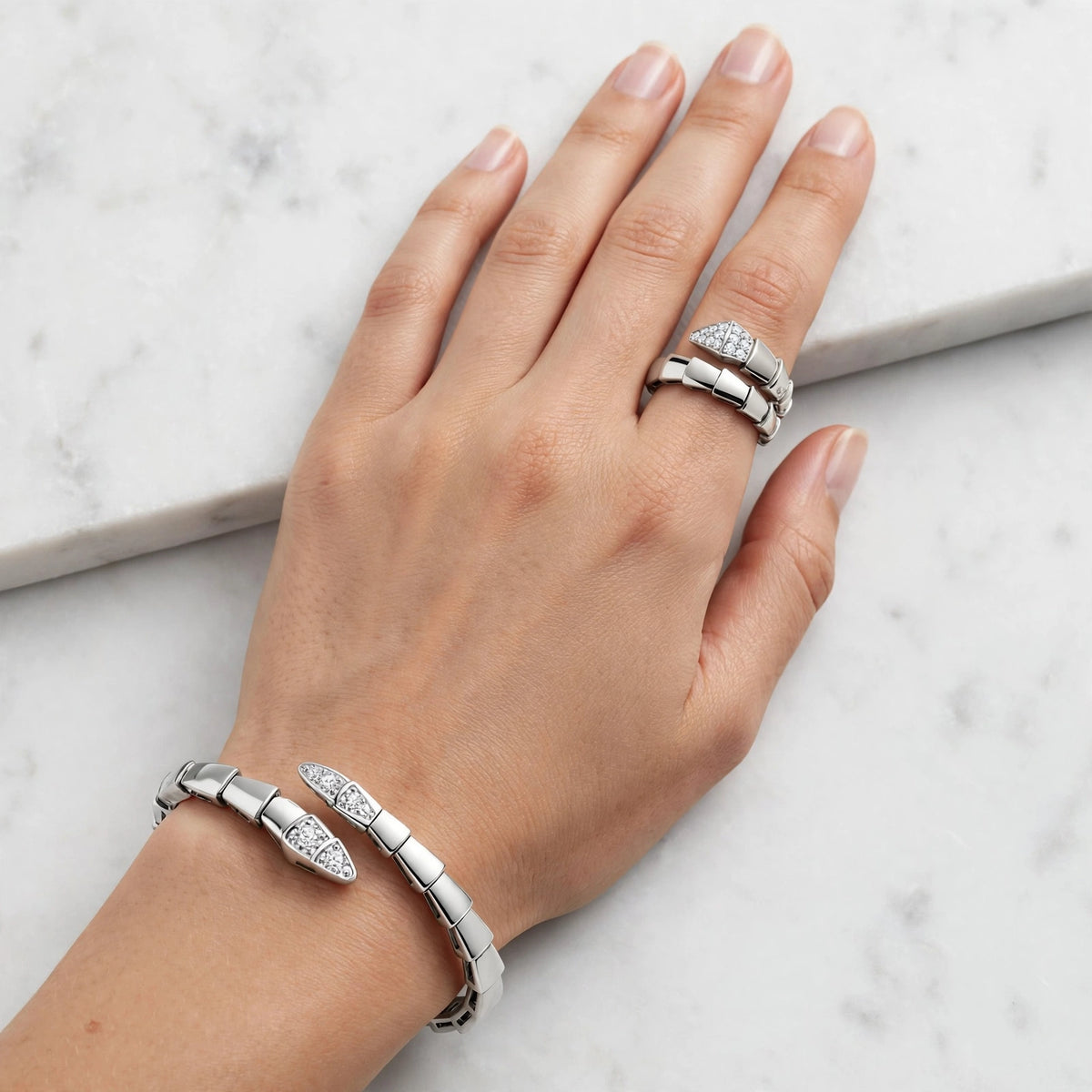 Silver Serpent Zircon Cuff Bracelet