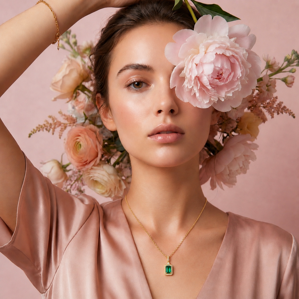 Silver Necklace – 14K Gold Plated Emerald Pendant