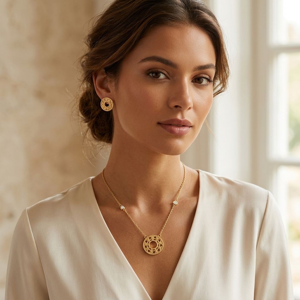 Golden Circle Pendant Necklace & Earrings Set