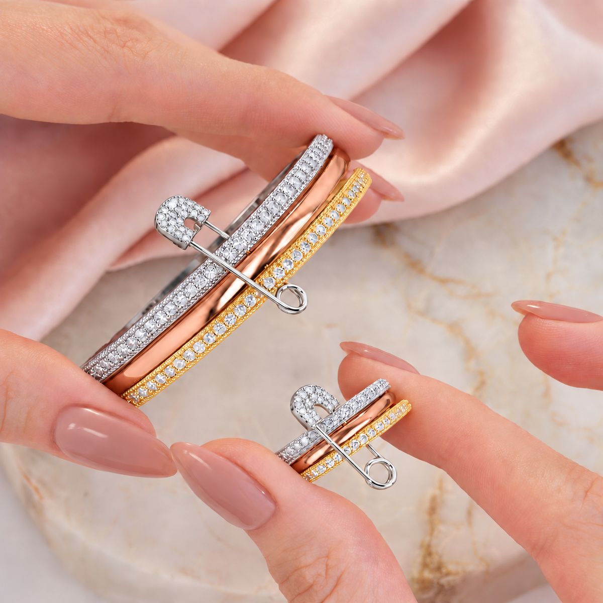 Luxe Tri-Tone Safety Pin Bracelet – Silver