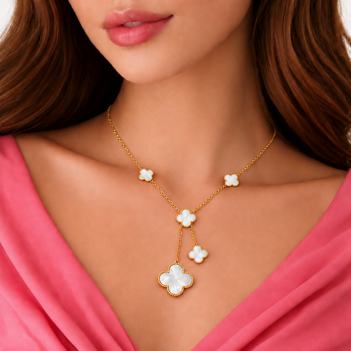 Pearl Bloom Clover Drop Necklace – White & Gold