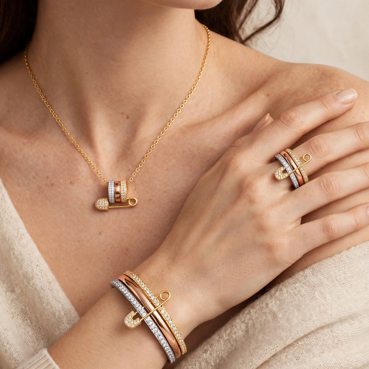 Luxe Tri-Tone Safety Pin Necklace