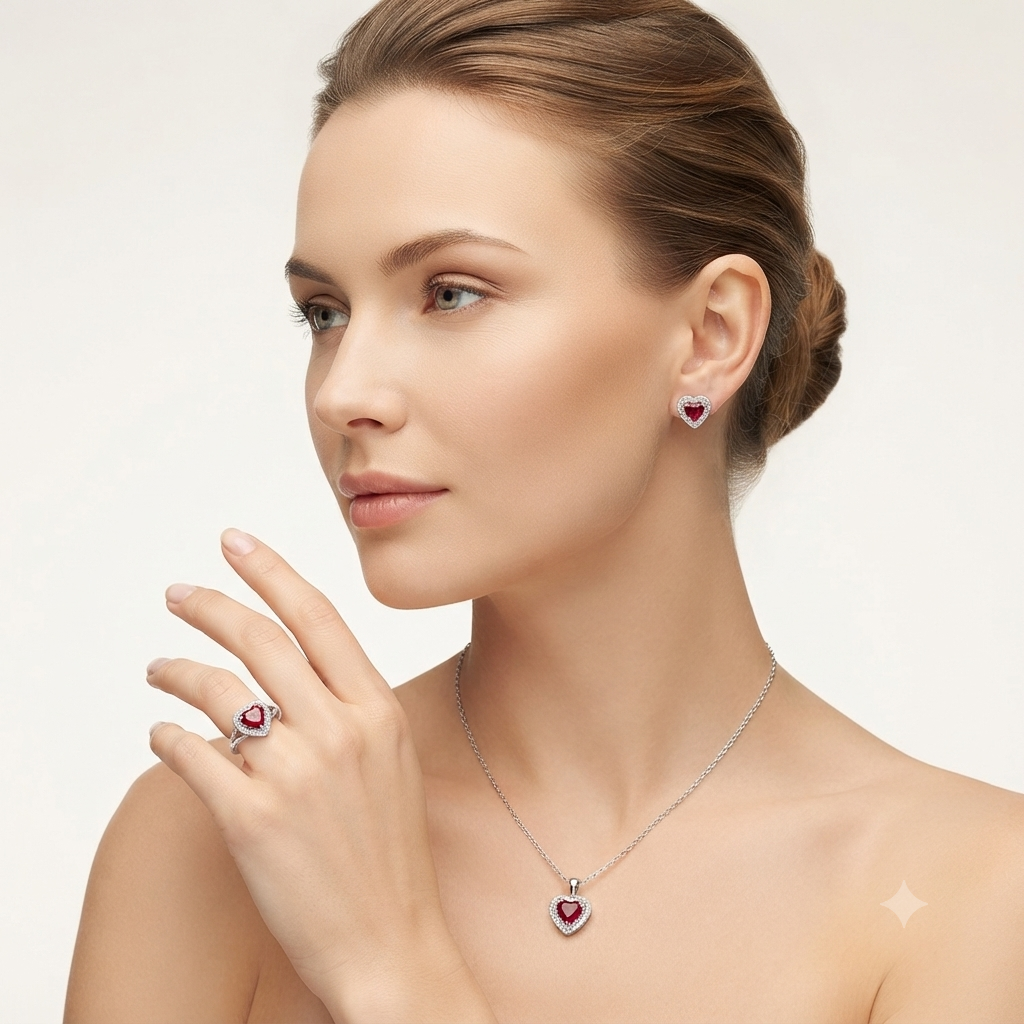 Ruby Heart Jewelry Set – 925 Sterling Silver