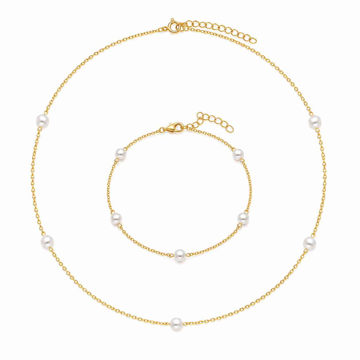 14K Gold Plated Silver Pearl Necklace & Bracelet Set