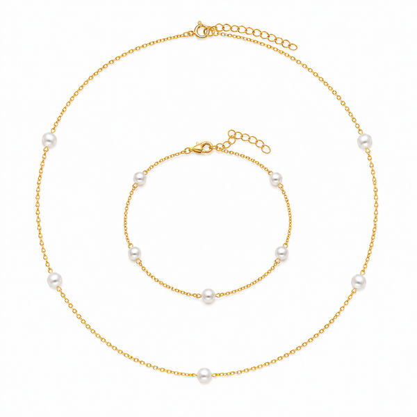 14K Gold Plated Silver Pearl Necklace & Bracelet Set