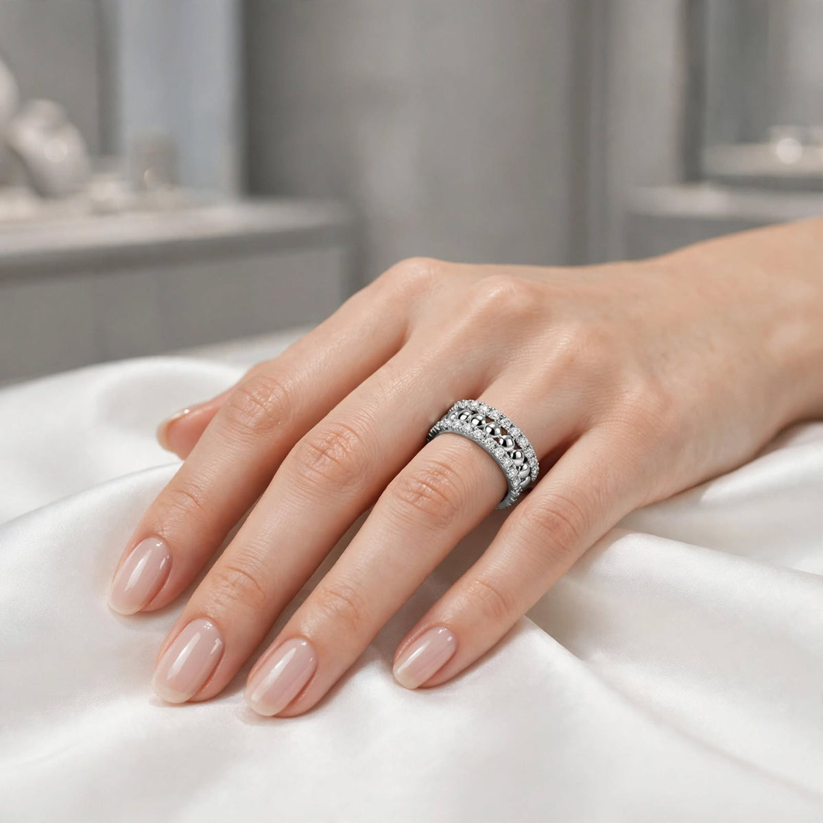 Silver Beaded Zircon Ring