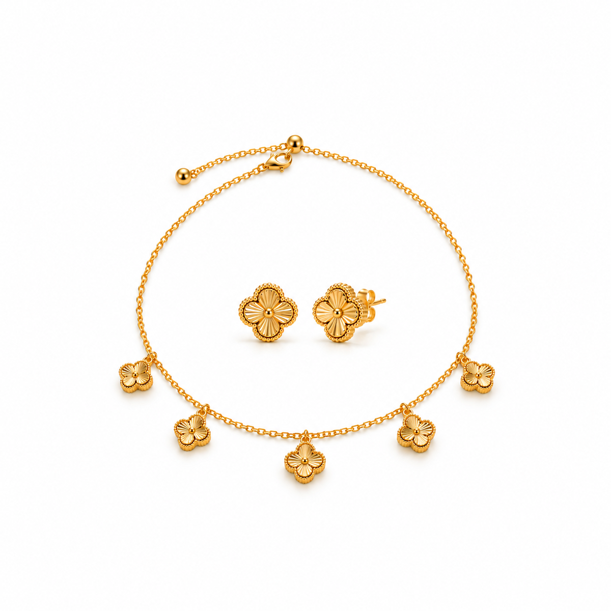 Golden Clover Charm Necklace & Earring Set