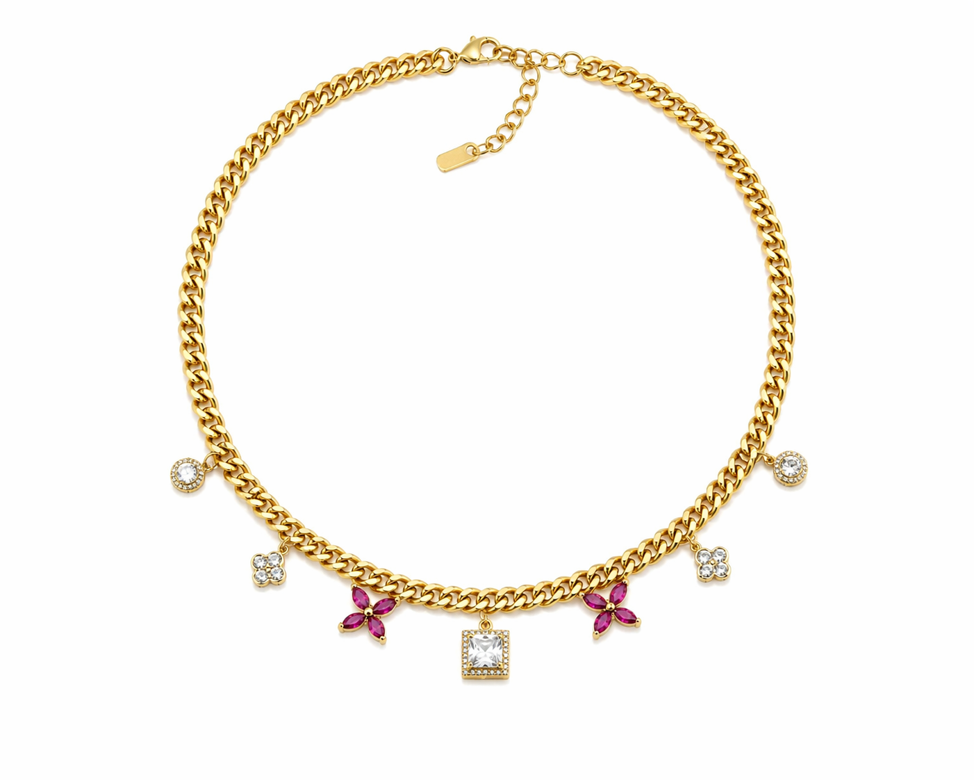 Fuchsia Crystal Charm Gold Necklace