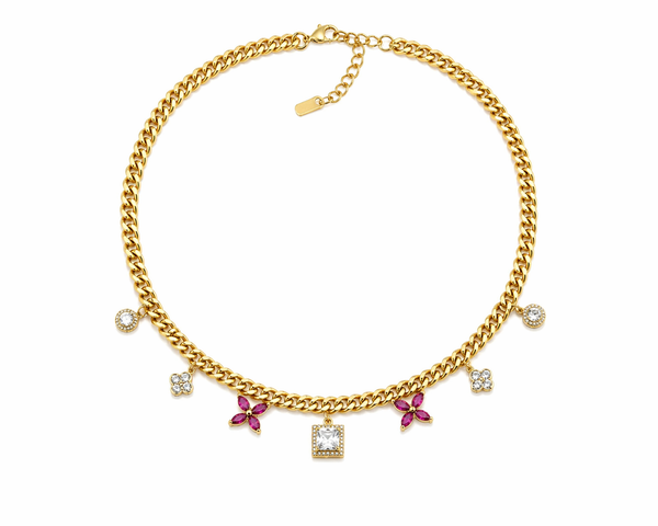 Fuchsia Crystal Charm Gold Necklace