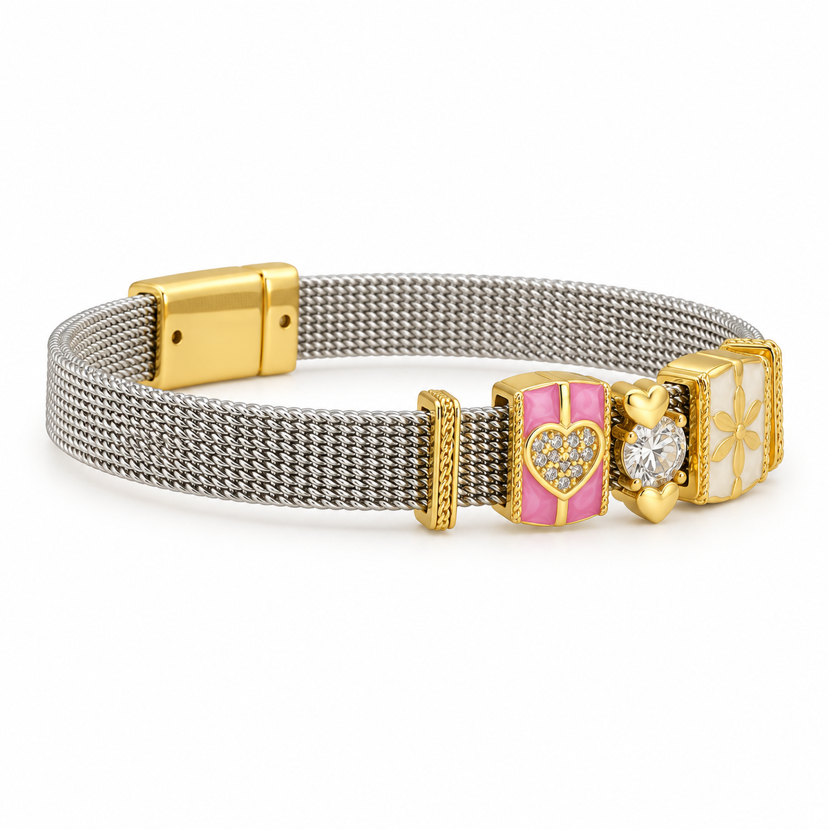 Pink Heart Crystal Mesh Charm Bracelet