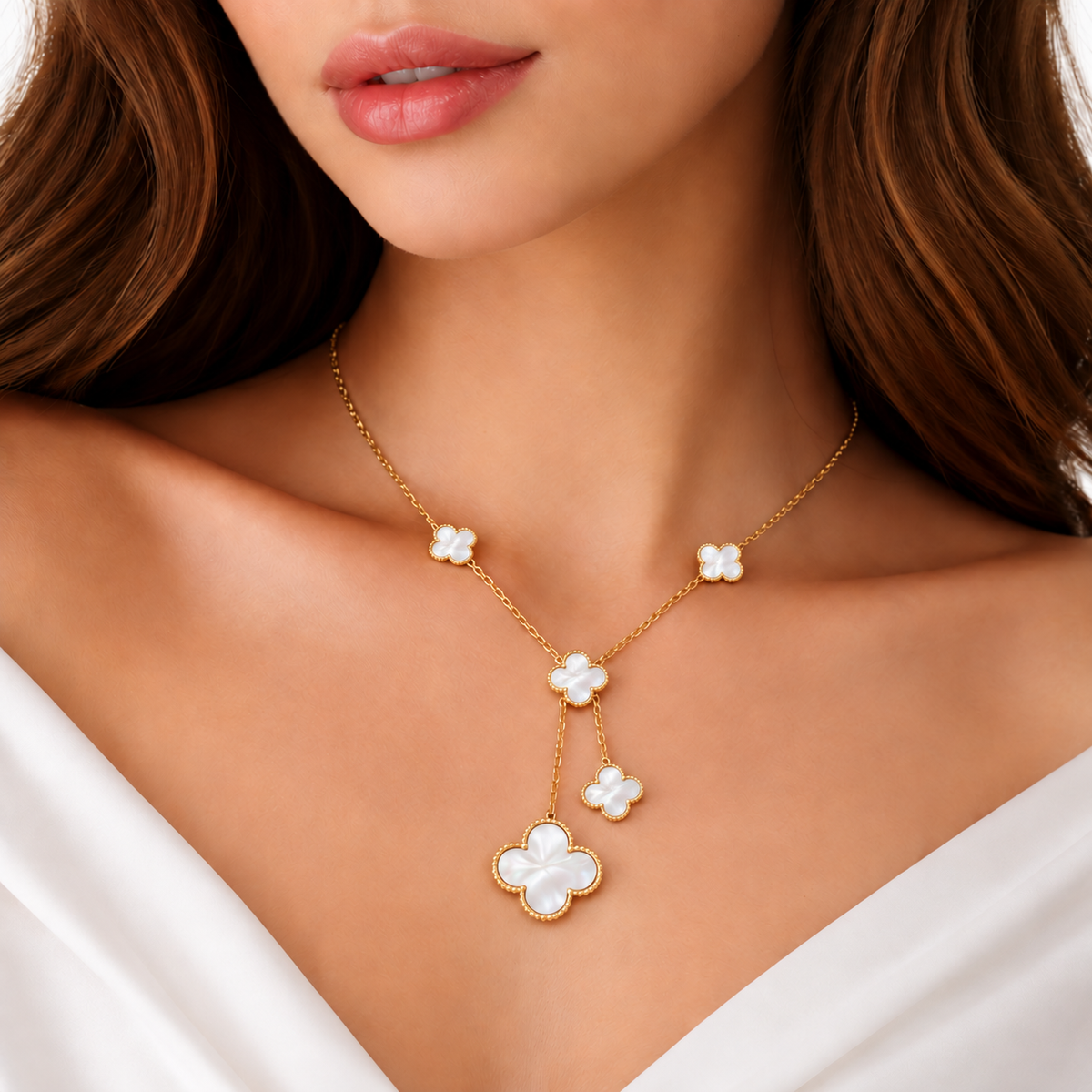 Pearl Bloom Clover Drop Necklace – White & Gold