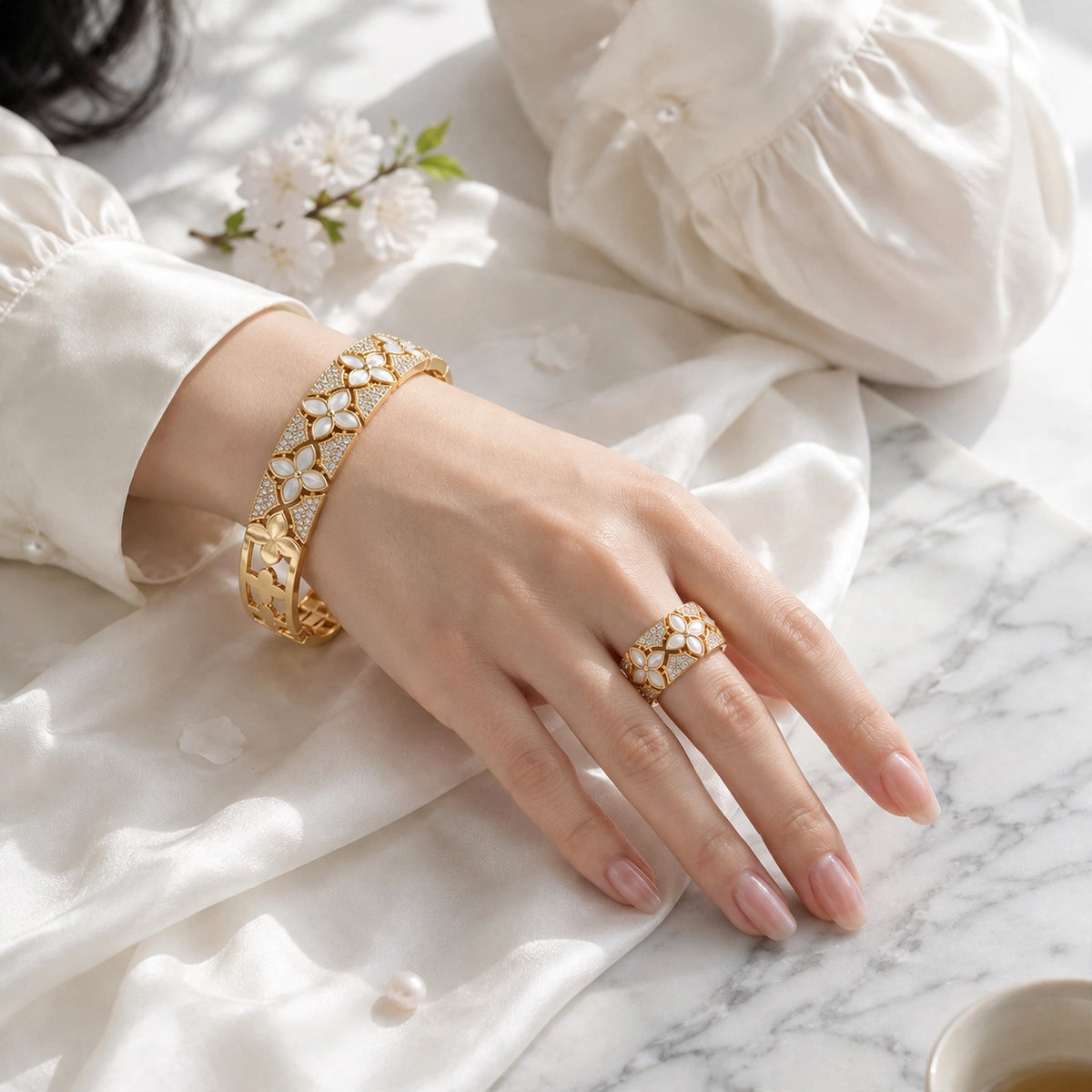 Camellia Pearl Bloom Bracelet & Ring Set