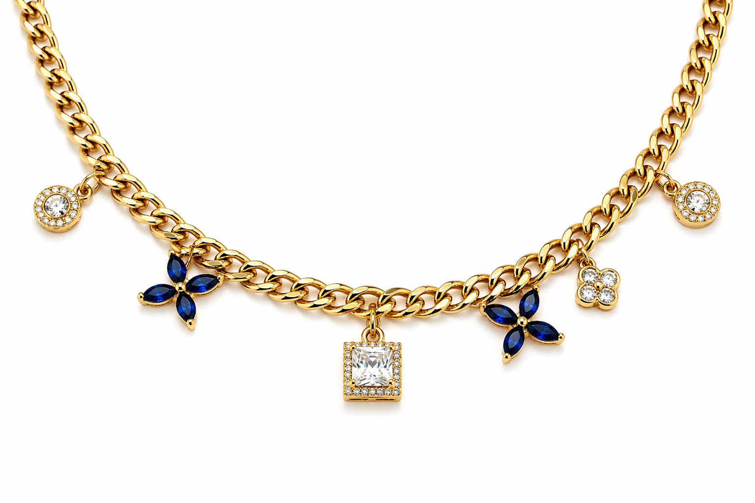 Blue Crystal Charm Gold Necklace