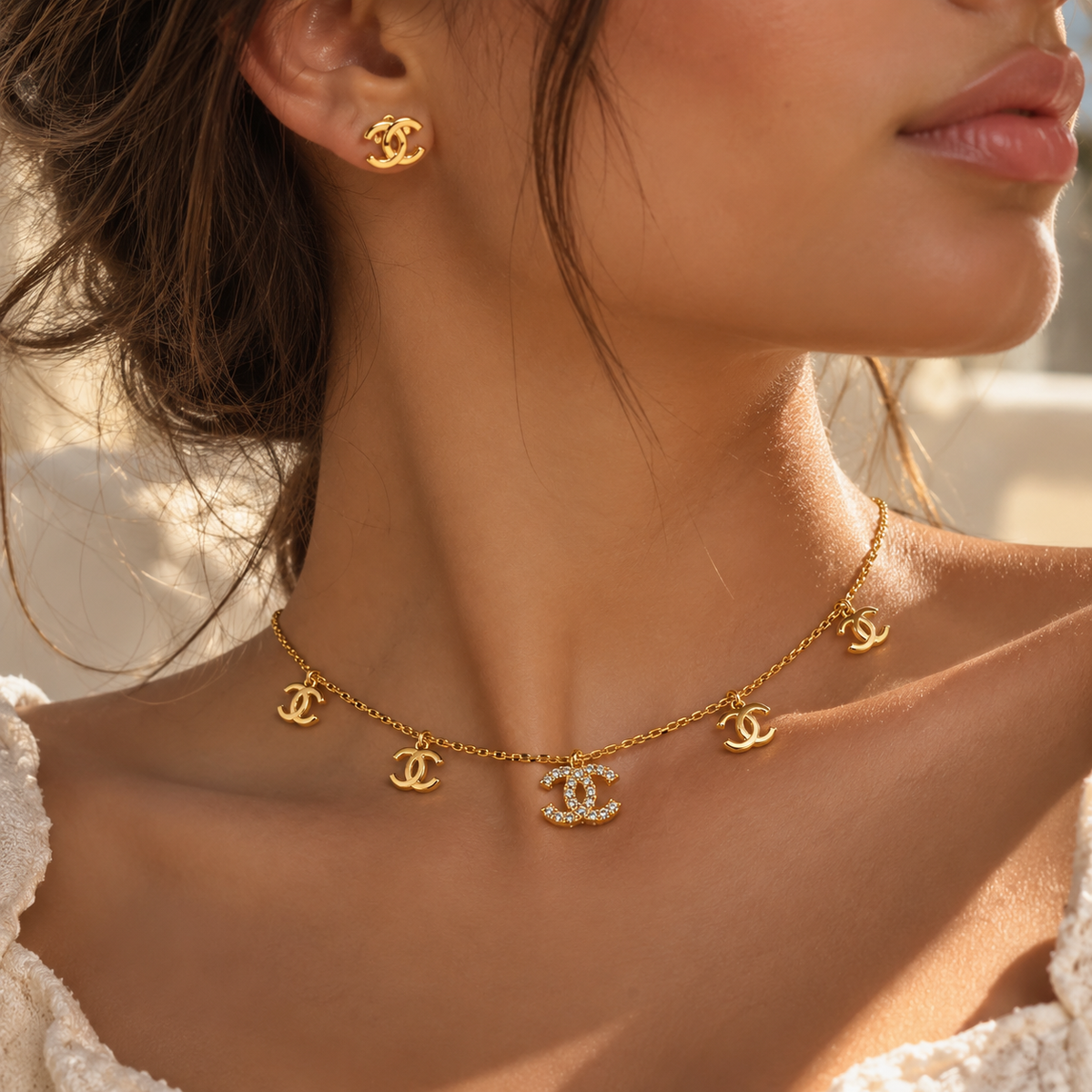 Golden CC Charm Choker & Stud Earring Set
