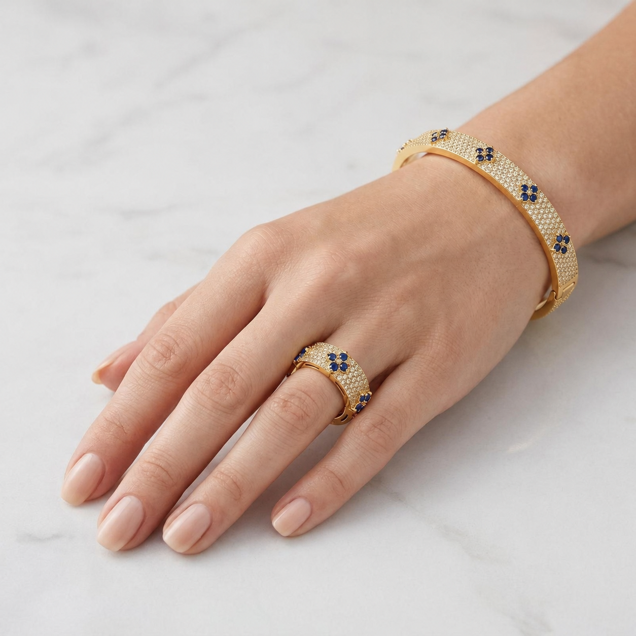 Navy Fleur Pavé Ring