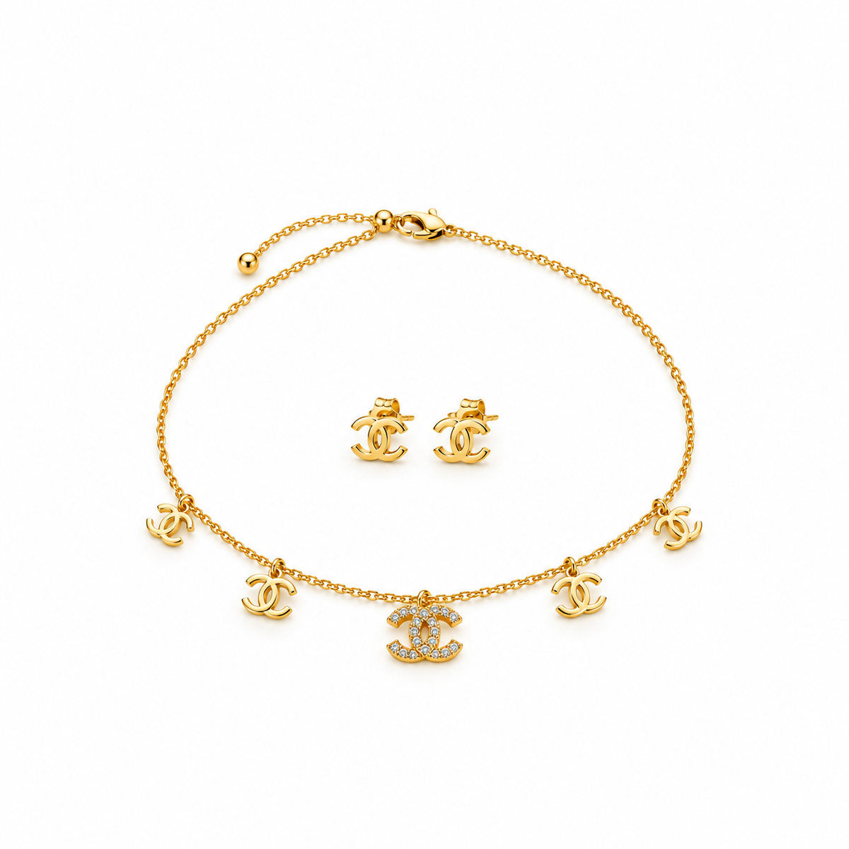 Golden CC Charm Choker & Stud Earring Set