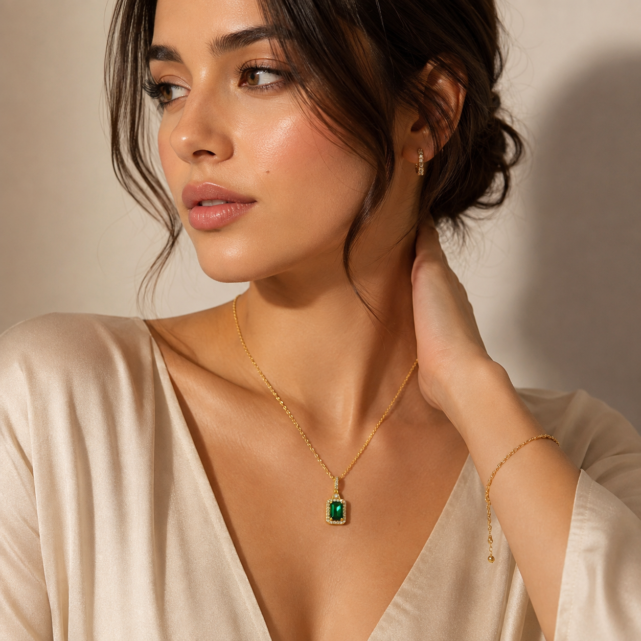 Silver Necklace – 14K Gold Plated Emerald Pendant