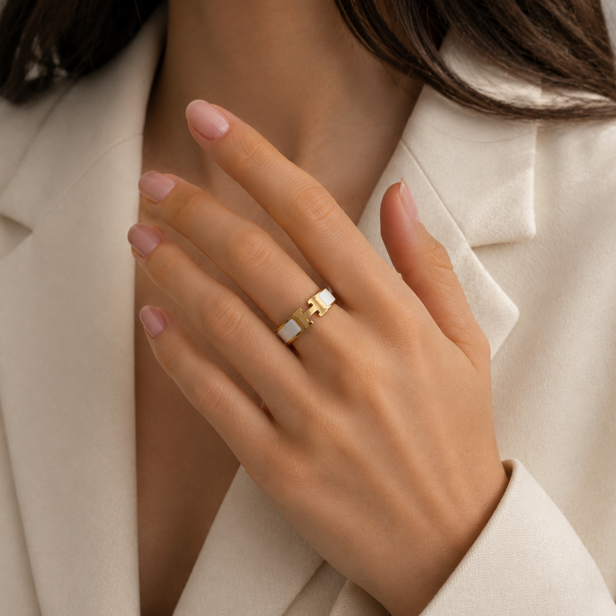 White & Gold H Ring