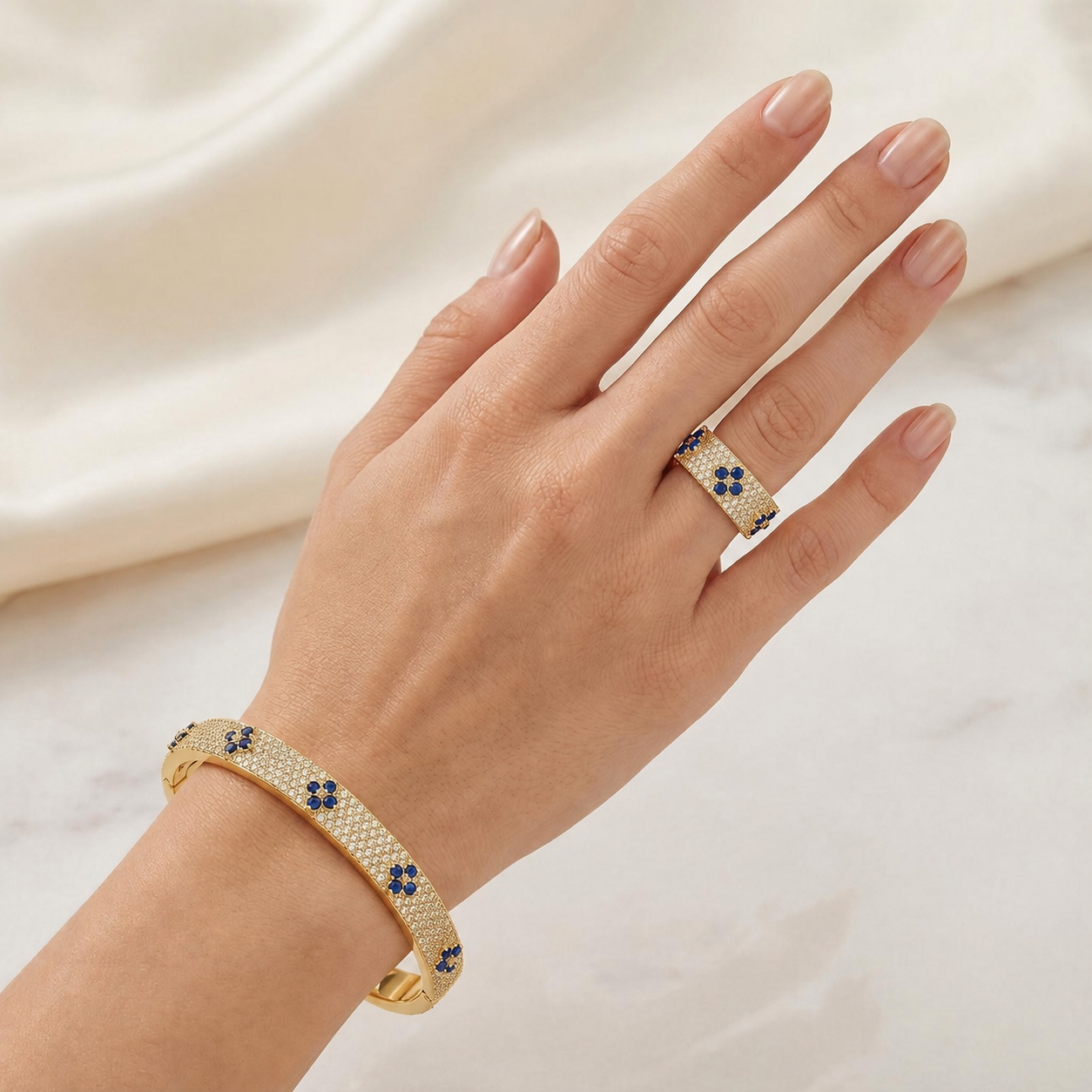 Navy Fleur Pavé Ring