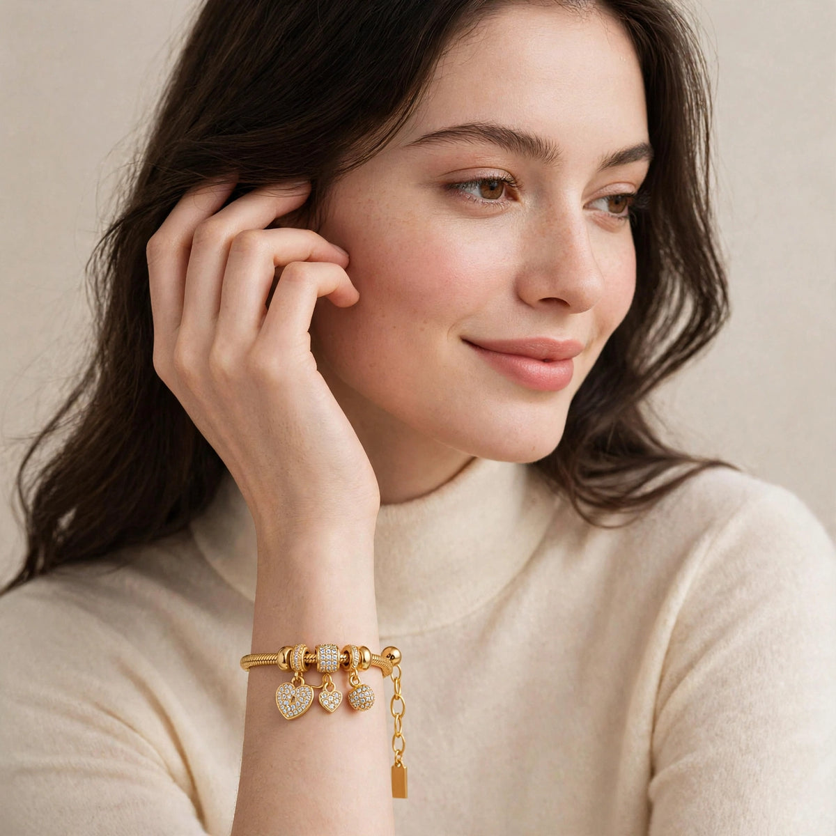 Delicate Gold Heart Charms Bracelet with Zircon - Modern Luxury