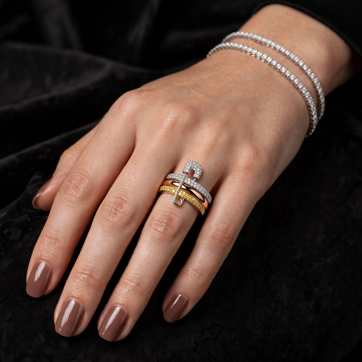Luxe Tri-Tone Silver Safety Pin Ring