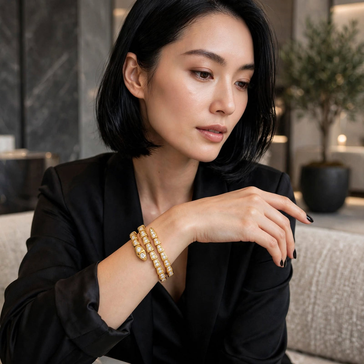 Gold Serpent Pavé Double Wrap Bracelet