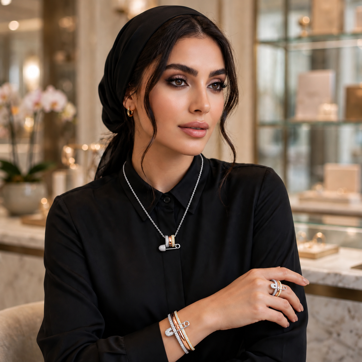 Luxe Tri-Tone Safety Pin Necklace – Silver