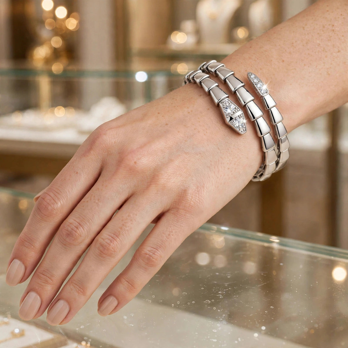 Silver Serpent Double Wrap Zircon Bracelet