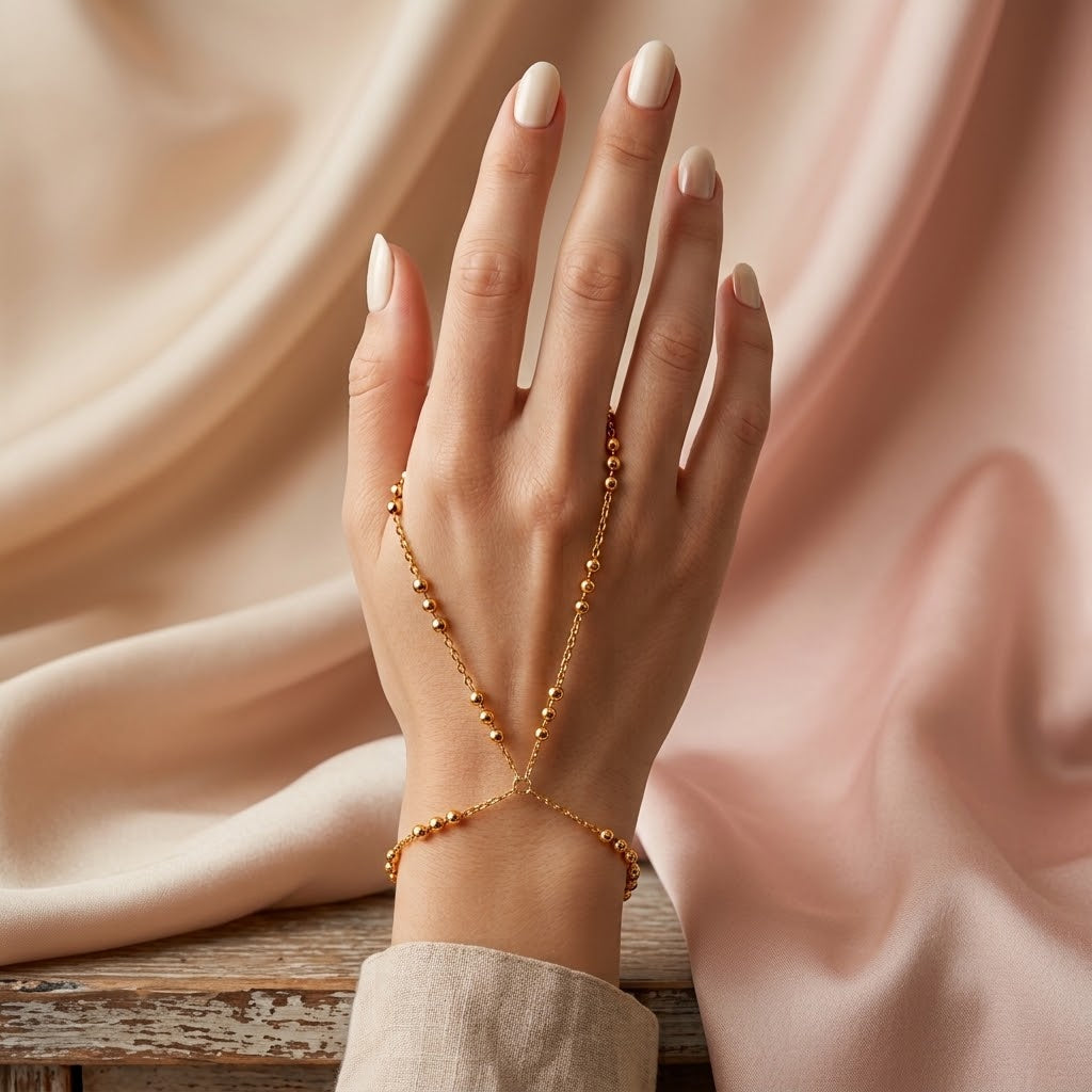 Golden Beaded Double-Finger Hand Chain