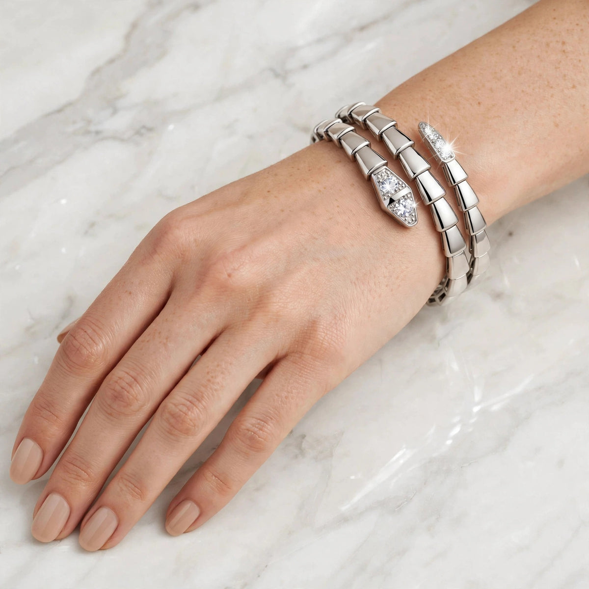 Silver Serpent Double Wrap Zircon Bracelet